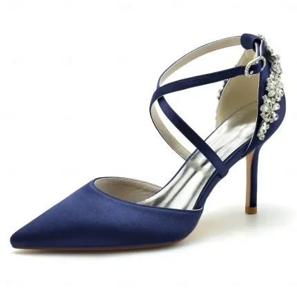 Elegant Navy Blue Satin Heels for Brides – Crystal Decorated Strappy Wedding Shoes Perfect for Cocktail and Evening Parties 2025 - Image 6