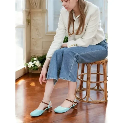 Women's Light Blue Two-Tone Ankle Strap Block Heel Pumps – Round Toe Closed-Toe Dress Shoes with Charm Pendant for Office & Casual Wear 2025 - Image 5