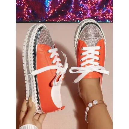 Women's Orange Rhinestone Sneakers - Glitter Lace-Up Casual Party Shoes with Chunky Sole for Nightlife and Club Outfits 2025 - Image 4