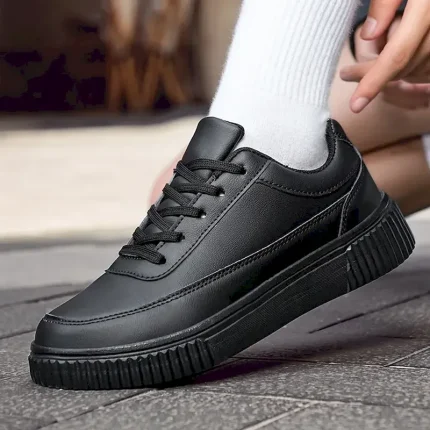 Men's Black Faux Leather Sneakers with Cushioned Sole, Comfortable Lace-Up Design for Casual and Daily Wear 2025 - Image 3