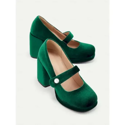Women's Green Velvet Mary Jane Block Heels with Pearl Accent – Retro Platform Pumps for Party and Formal Events 2025 - Image 4