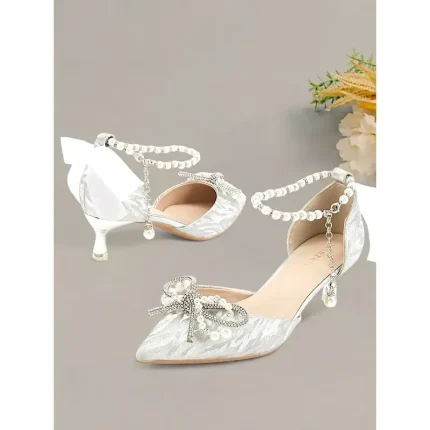 Silver Glitter Pointed-Toe Kitten Heels with Pearl Anklet and Bow Accents for Women - Stunning Wedding Shoes 2025 - Image 3