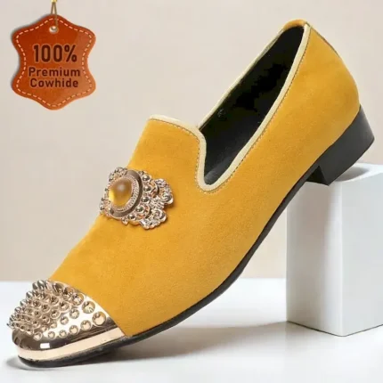 Men's Yellow Leather Loafers with Jeweled Embellishment and Studded Metallic Cap Toe – Premium Cowhide Statement Dress Shoes for Special Occasions 202 - Image 2