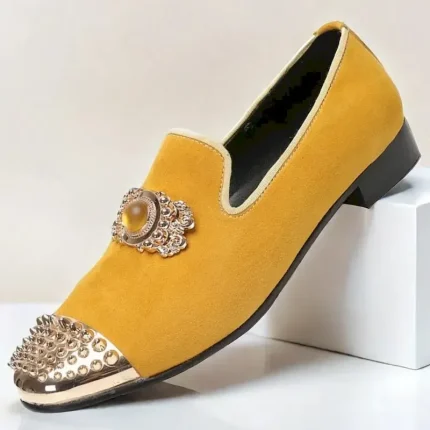 Men's Yellow Leather Loafers with Jeweled Embellishment and Studded Metallic Cap Toe – Premium Cowhide Statement Dress Shoes for Special Occasions 202
