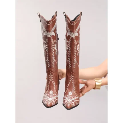 Women's Brown Embroidered Western Knee-High Boots – Vintage Pointed Toe Faux Leather Cowboy Style for Fall Streetwear, Festivals and Country-Themed Ou - Image 6