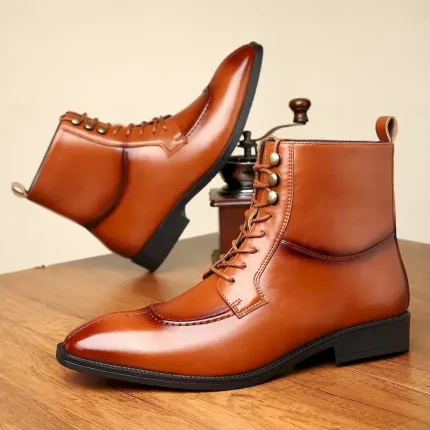Men's Vintage Brown Faux Leather Ankle Boots - Classic Lace-Up Design with Polished Finish for Formal and Casual Wear 2025 - Image 3