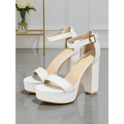 Women's White Glitter Platform Sandals - Open Toe Ankle Strap Block High Heels for Nightlife Party & Clubwear 2025