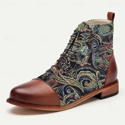 Men's Vintage Peacock Feather Print Lace-Up Ankle Boots – Faux Leather and Jacquard Fabric, Casual and Formal Wear 2025 - Image 5