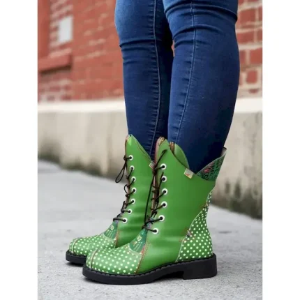 Women's Genuine Leather Green Polka Dot Combat Boots – Retro Lace-Up Boots for Outdoor Fashion and Festivals 2025 - Image 5