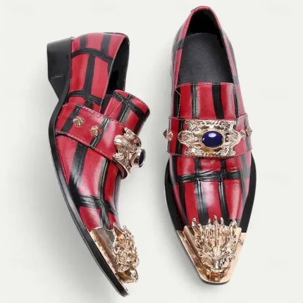 Men's Red Plaid Leather Loafers with Gold Tip Gold Lion Decoration–Premium Cowhide, Slip-On Style for Formal and Fashionable Occasions 2025 - Image 4