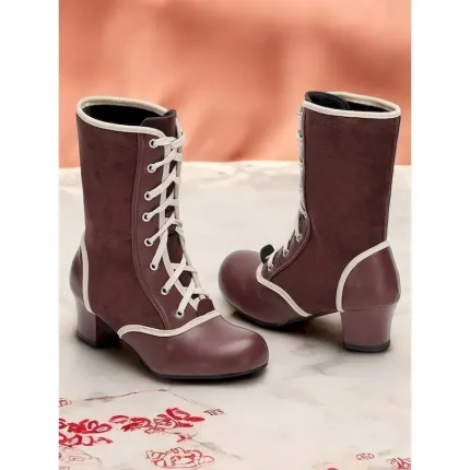 Women's Vintage Lace-Up Mid Heel Boots in Teal with Faux Suede and Faux Leather Panels – Ideal for Retro-Inspired Fashion, Cosplay, or Victorian-Style - Image 4