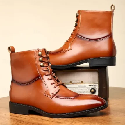 Men's Vintage Brown Faux Leather Ankle Boots - Classic Lace-Up Design with Polished Finish for Formal and Casual Wear 2025 - Image 4