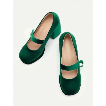 Women's Green Velvet Mary Jane Block Heels with Pearl Accent – Retro Platform Pumps for Party and Formal Events 2025 - Image 5