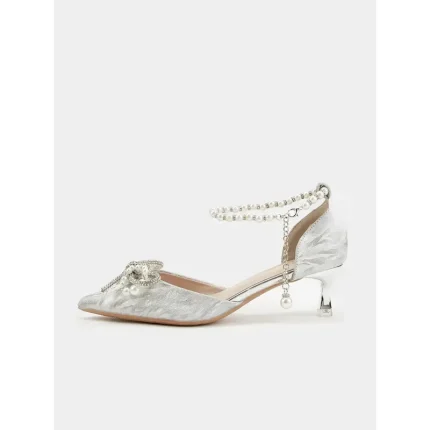 Silver Glitter Pointed-Toe Kitten Heels with Pearl Anklet and Bow Accents for Women - Stunning Wedding Shoes 2025 - Image 4