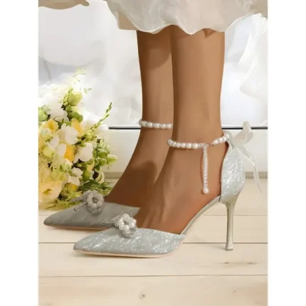 Silver Glitter Pointed-Toe Kitten Heels with Pearl Anklet and Bow Accents for Women - Stunning Wedding Shoes 2025 - Image 6