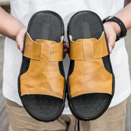 Men's Casual Yellow Leather Slip-On Sandals with Studded Details, Comfortable Outdoor Footwear for Summer 2025 - Image 3