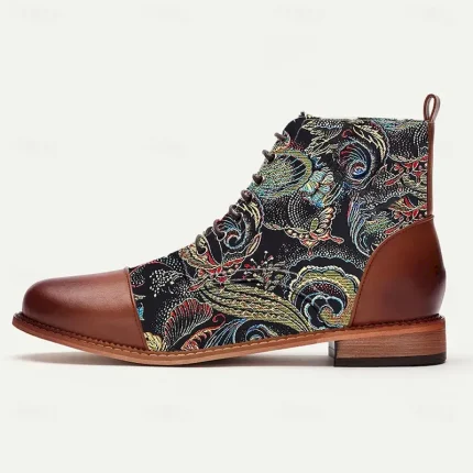 Men's Vintage Peacock Feather Print Lace-Up Ankle Boots – Faux Leather and Jacquard Fabric, Casual and Formal Wear 2025 - Image 6