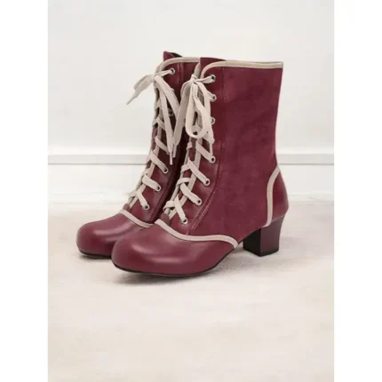 Women's Vintage Lace-Up Mid Heel Boots in Teal with Faux Suede and Faux Leather Panels – Ideal for Retro-Inspired Fashion, Cosplay, or Victorian-Style - Image 6