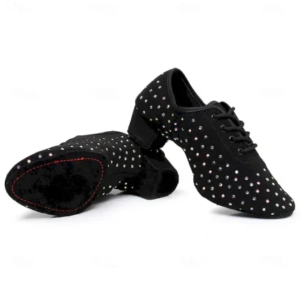 Women's Rhinestone-Embellished Ballroom Dance Shoes - Black Lace-Up Heeled Dance Shoes for Latin and Salsa 2025 - Image 6